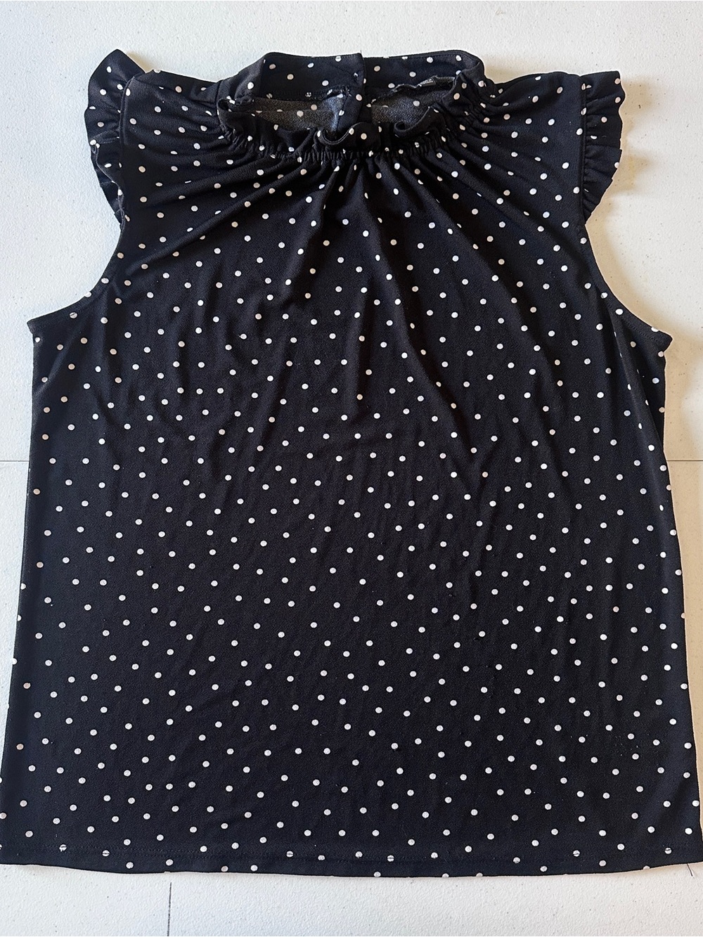 Adrianna Papell Black & White Polka Dot Ruffle Neck Sleeveless Top